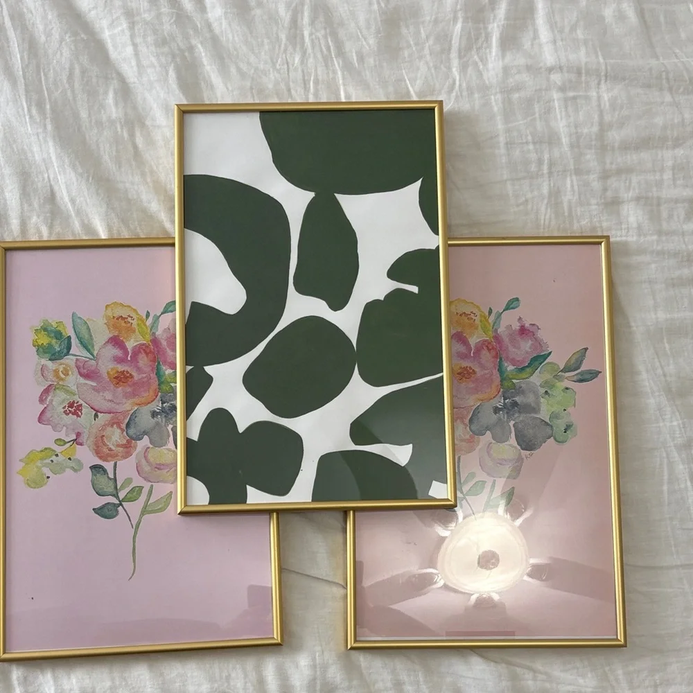 Set of 3 Floral & Green Abstract Gold Frames 11 x 17